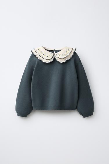 PULL EN MAILLE À DOUBLE COL CLAUDINE BRODÉ - Bleu pétrole de Zara - Image 0