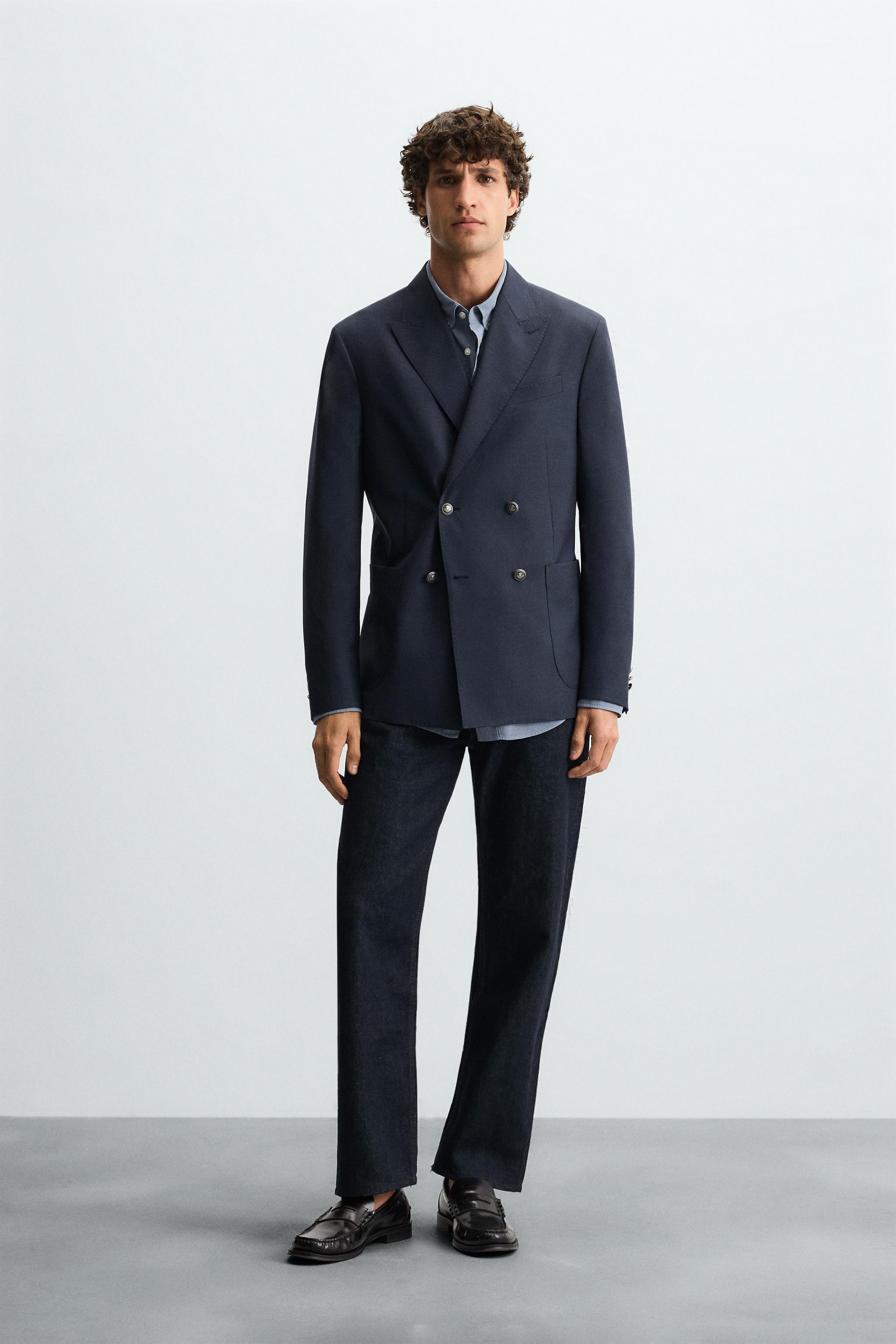 ZARA ダークブルー ダブルブレスト仕様ウール混コート　MANTECO ZARA ダークブルー ダブルブレスト仕様ウール混コート MANTECO