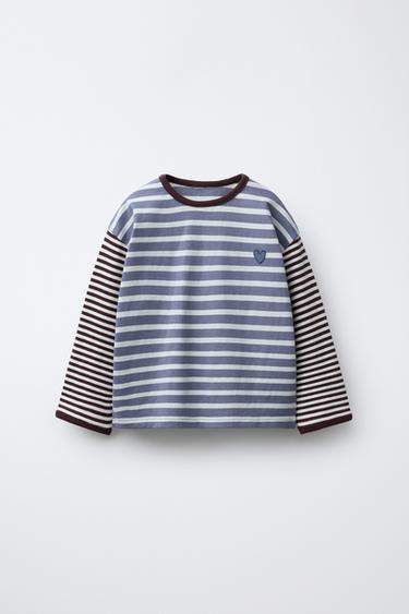 WOVEN STRIPED T-SHIRT WITH EMBROIDERED HEART - Bluish by Zara