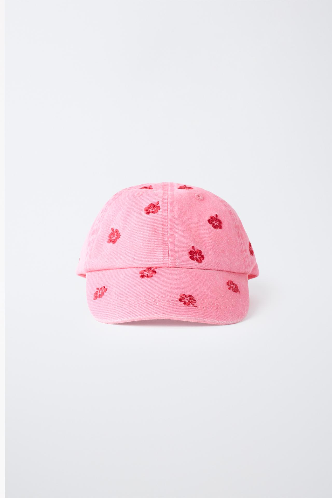 EMBROIDERED HIBISCUS CAP — Light fuchsia