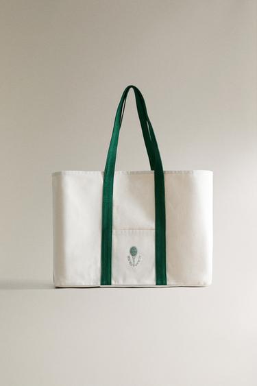 COTTON CANVAS BAG WITH CONTRAST HANDLES - Ecru / Green by Zara - Image 3