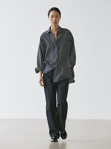Zara Striped flowing shirt with pocket detail - Navy blue - Image 0