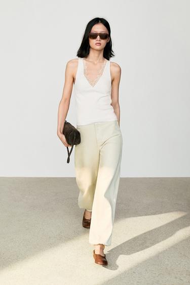 Zara V-neck lace trim camisole top - Ecru - Image 0