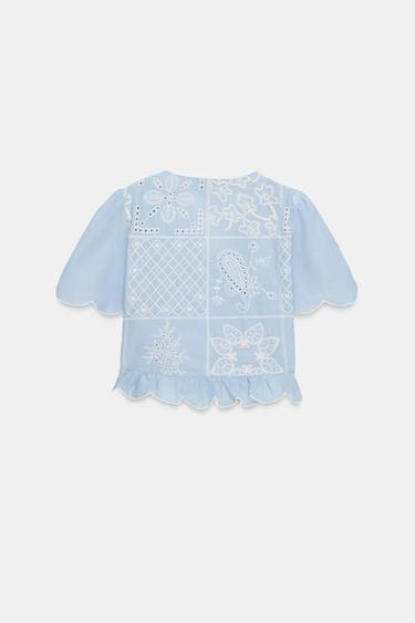 BLOUSE WITH CUTWORK EMBROIDERY AND BOWS - Light blue by Zara - Image 7