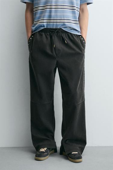 Zara STUDDED FAUX LEATHER RELAXED FIT PANTS - Black