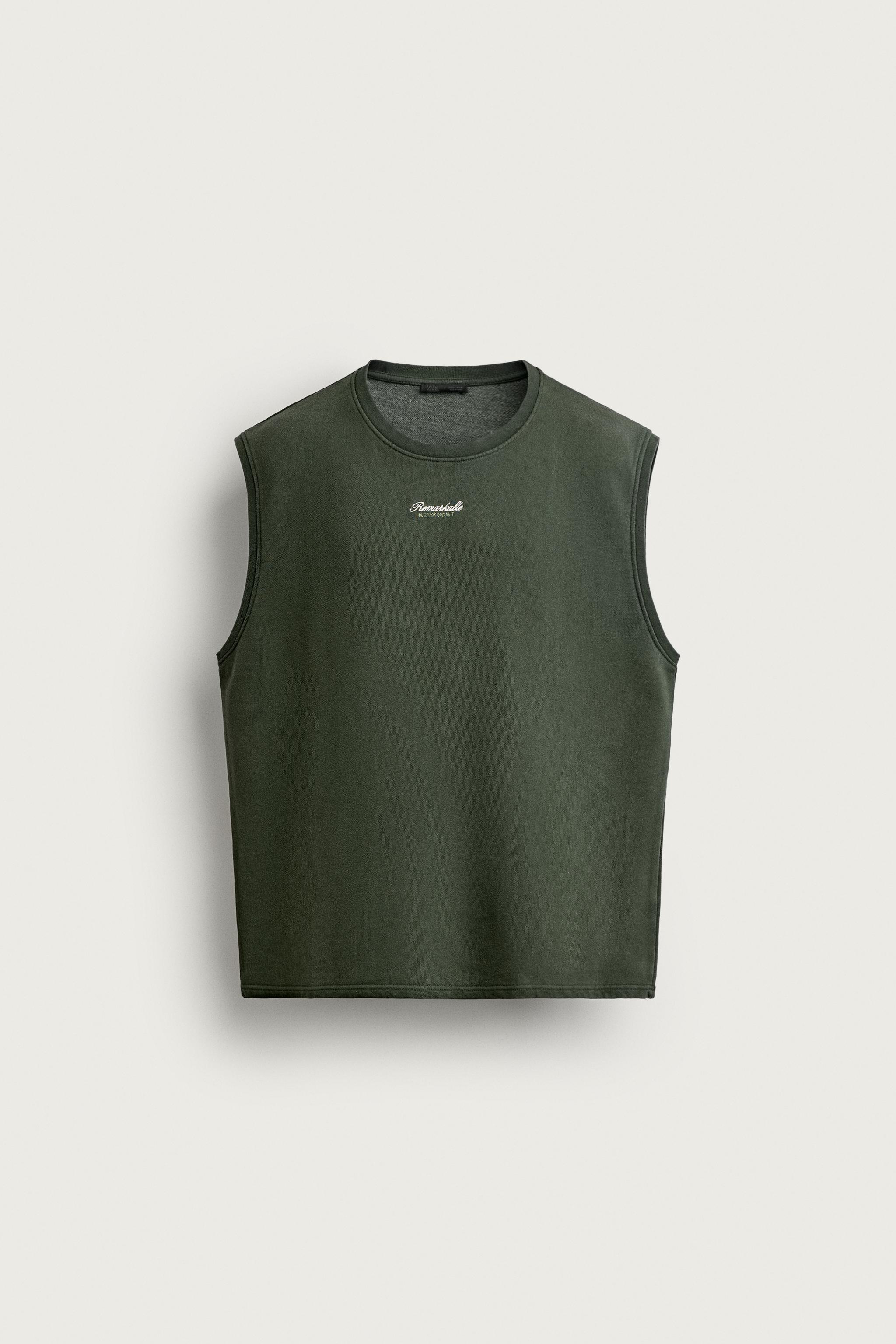 RELAXED FIT EMBROIDERED TEXT TANK SWEATSHIRT — Dark green