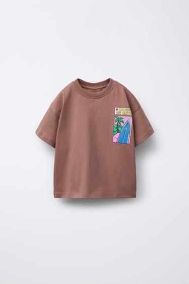 Zara SURF PRINT T-SHIRT - Light brown