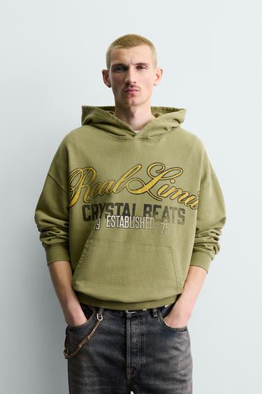 Zara WASHED PRINTED TEXT SWEATSHIRT - Greenish
