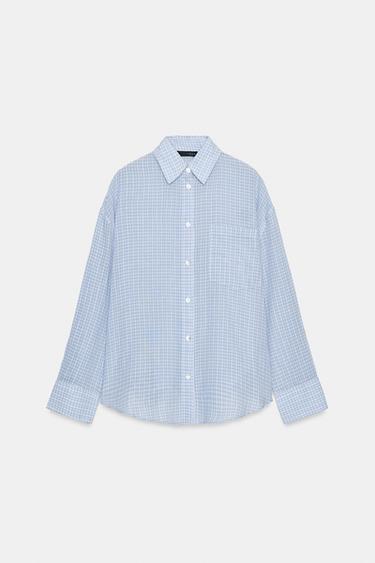 Zara OVERSIZED GAZE SHIRT WITH POCKET - Ecru / Blue
