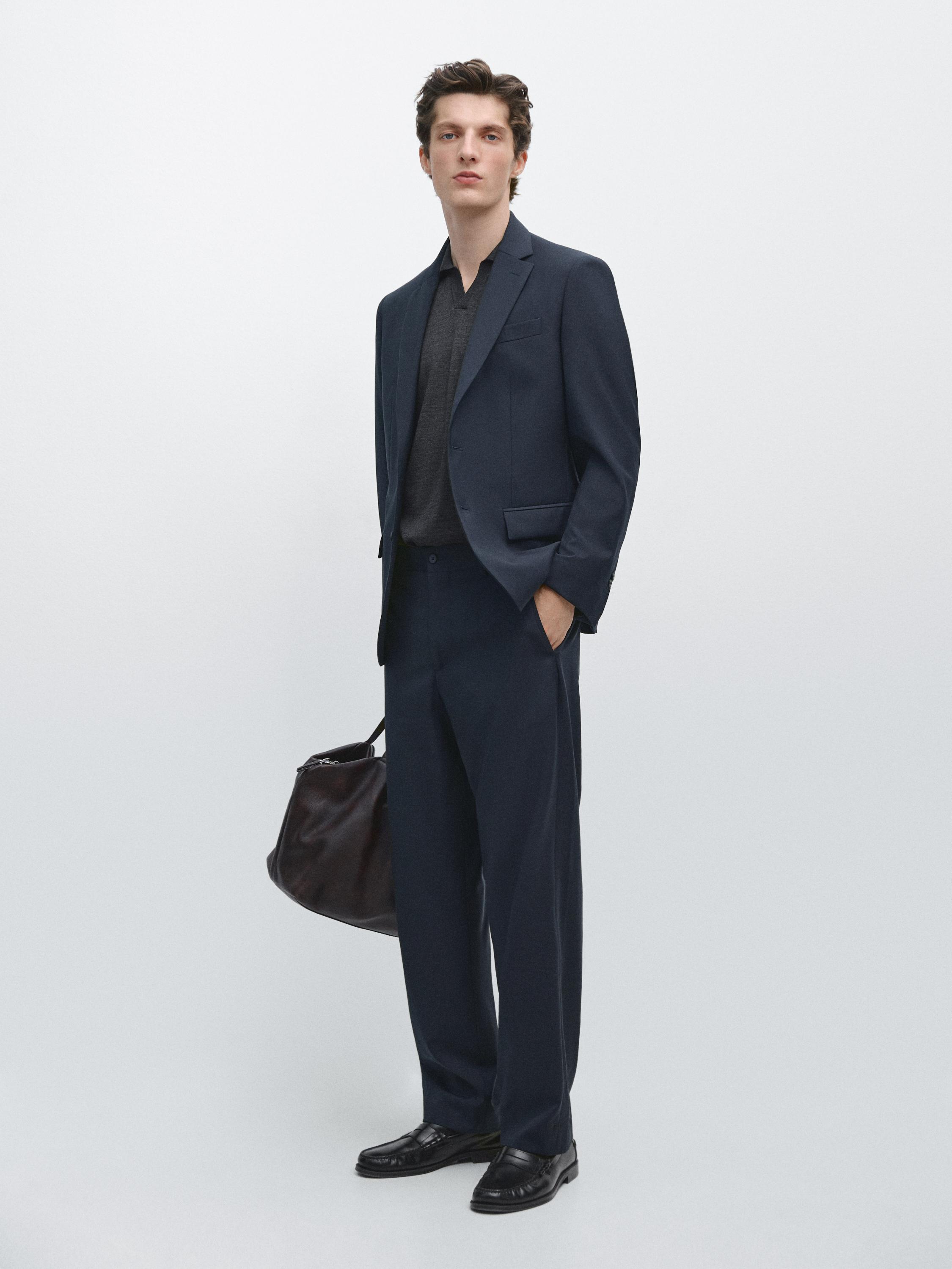 Wide-leg cool wool suit trousers — Navy blue