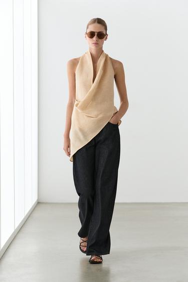 Zara Linen blend draped halter top - Stone - Image 0