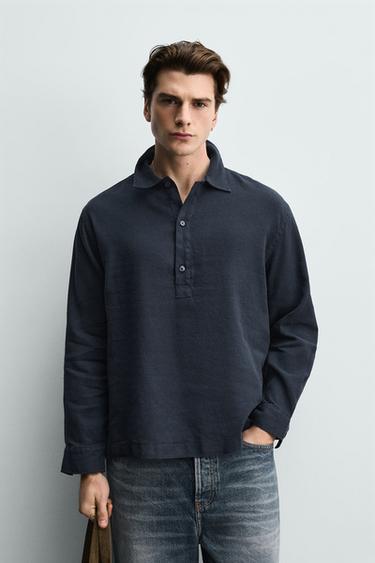 Zara COTTON-LINEN POLO SHIRT - Midnight blue