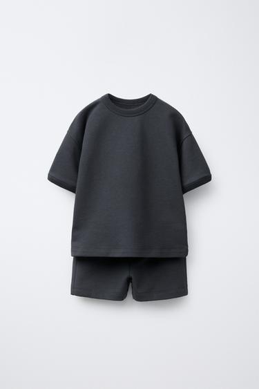 Zara LABEL JOGGING T-SHIRT AND BERMUDA SHORTS SET - Anthracite grey