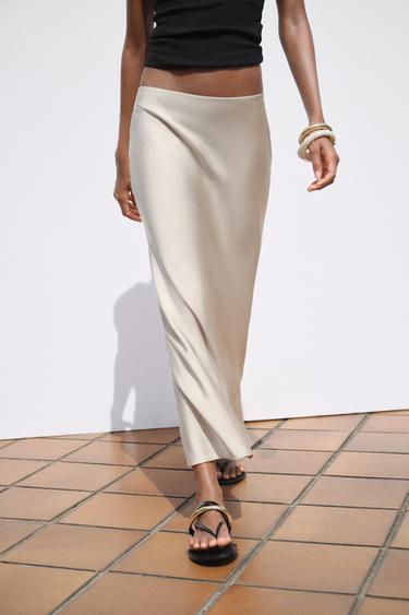Zara SATIN MIDI SKIRT - Gray / Beige