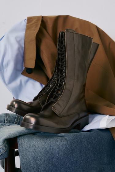 LEATHER LACE-UP ANKLE BOOTS - Khaki Green by Zara