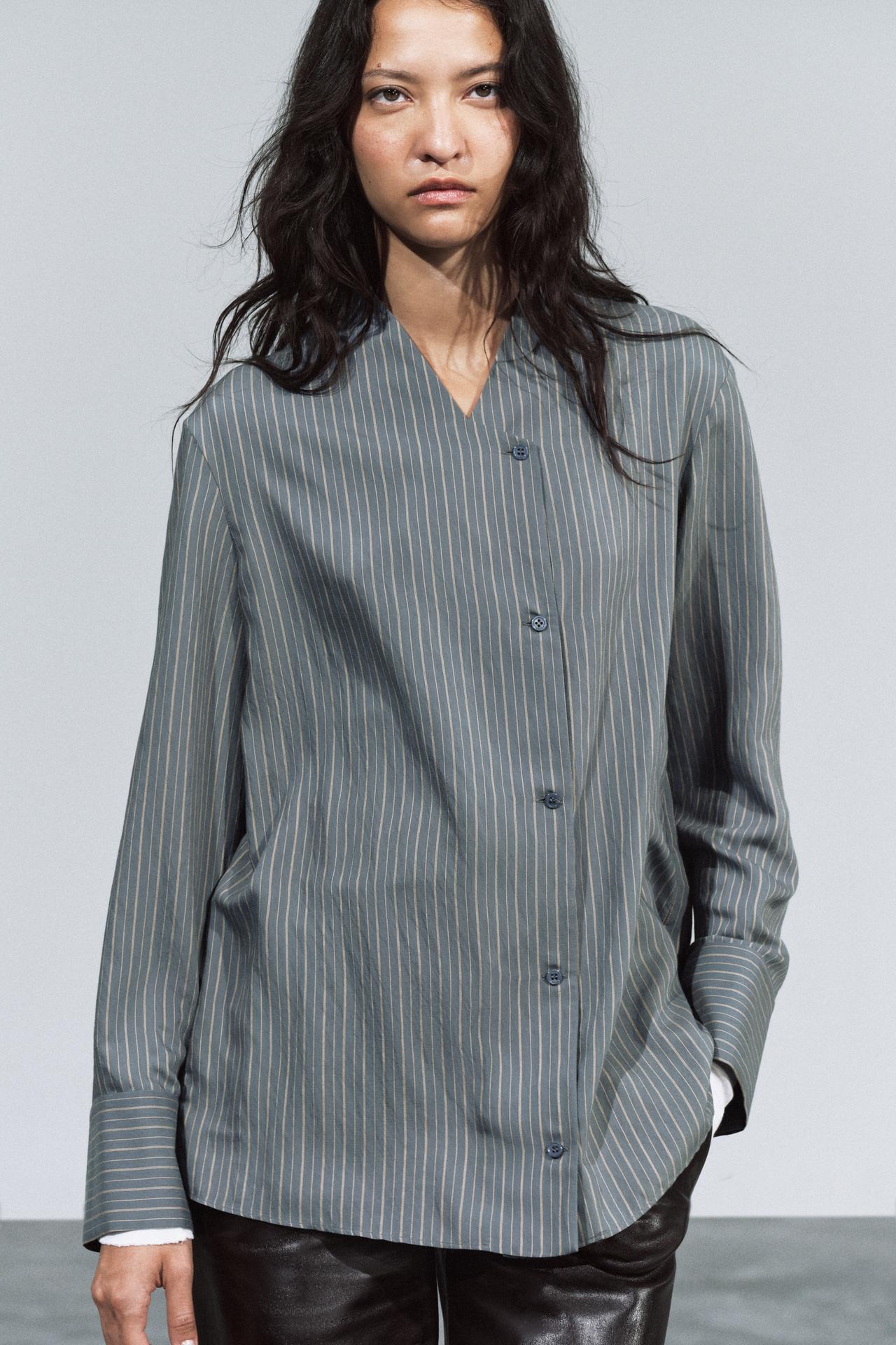 ZW COLLECTION STRIPED CROSSOVER SHIRT — Gray / Tan