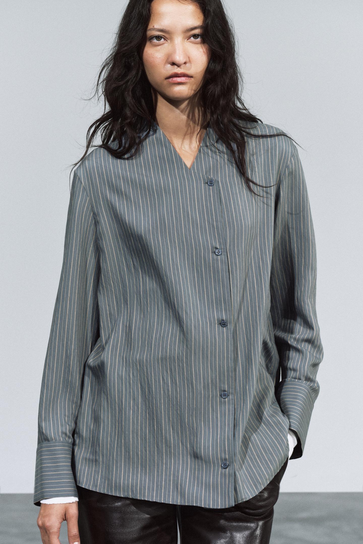 Женская рубашка Zara ZW Collection Striped Crossover, цвет: Серый / Рыжевато-коричневый — фото 2