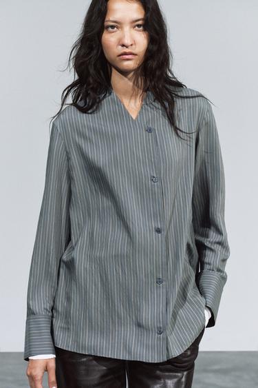ZW COLLECTION STRIPED CROSSOVER SHIRT — Gray / Tan 1