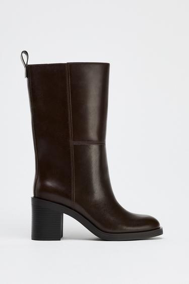 LEATHER BOOTS WITH PULL TAB AND HEEL - Chocolate Brown by Zara