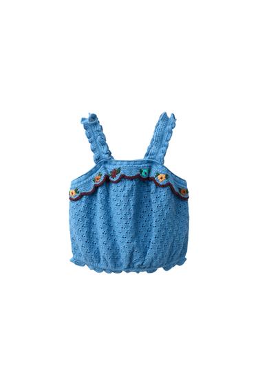 コットン＆リネン混フリル刺繍ニットトップス濃青Zaraのコットン＆リネン混フリル刺繍ニットトップス - 濃青 