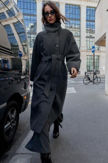 Zara KAPUT S PODIGNUTIM OVRATNIKOM I REMENOM – Siva