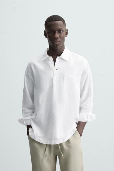 CAMISA POLO LINO - ALGODÓN - Blanco de Zara