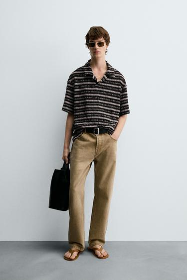 Zara JACQUARD KNIT POLO - Ecru / Brown