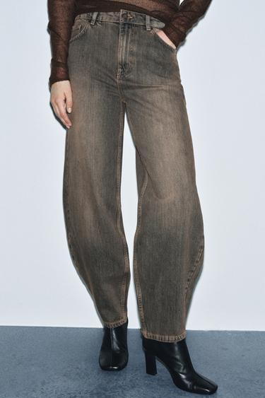 Zara ZW COLLECTION MID-RISE BARREL LEG JEANS - Brown