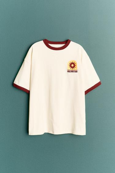 Zara CONTRAST EMBROIDERED T-SHIRT - Ecru