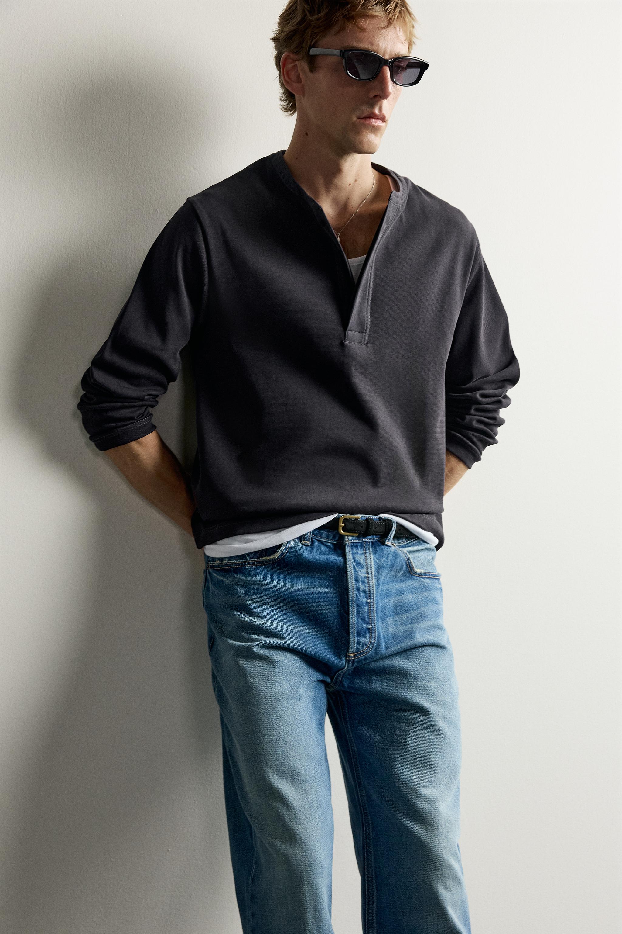 Мужские футболки Zara COMPACT RIBBED HENLEY T-SHIRT — фото 5