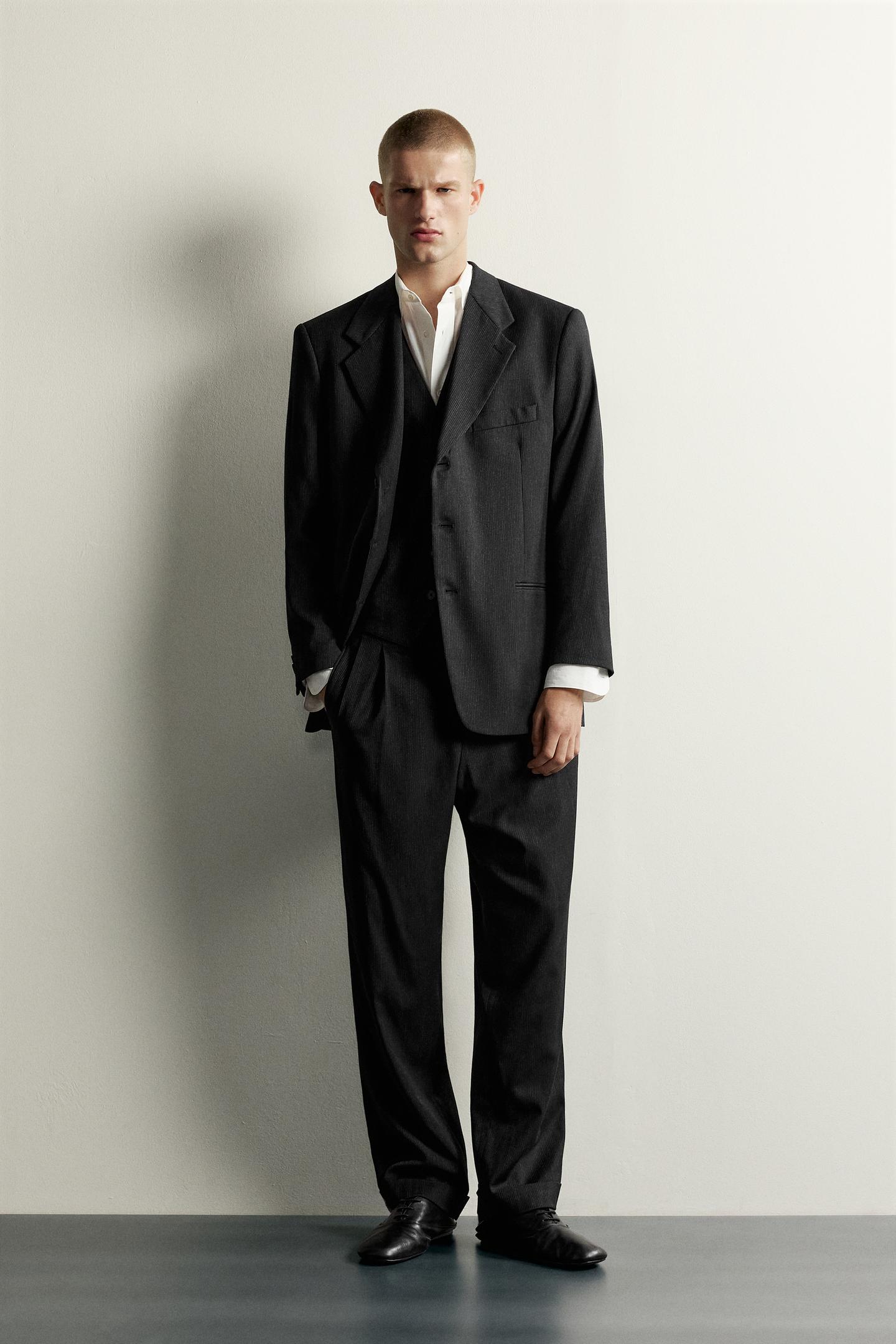 Мужские брюки Zara Relaxed Fit Striped Suit, цвет: Чёрный — фото 1