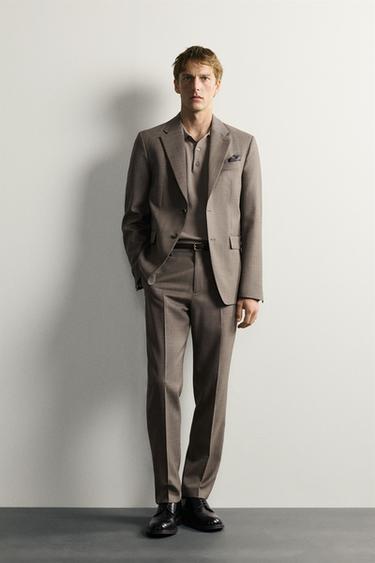 Zara WOOL TEXTURED SUIT BLAZER - taupe brown - Image 0