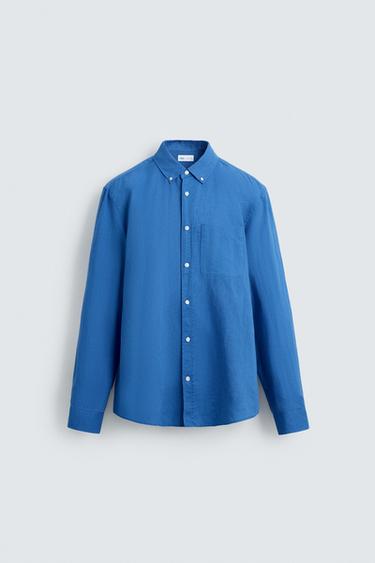 Zara Mürekkep mavisi - PAMUKLU KETEN GÖMLEK