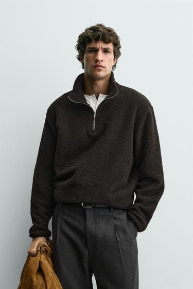 FAUX SHEARLING QUARTER-ZIP SWEATSHIRT - Dark brown by Zara