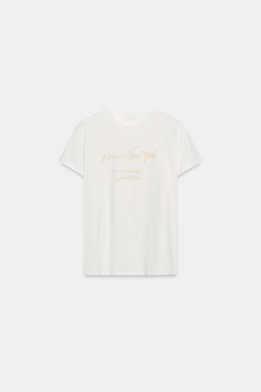 SHORT SLEEVE SLOGAN T-SHIRT - Ecru by Zara