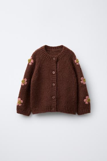 Zara 花卉刺繡針織開襟衫 - 深磚紅色 - 圖片 0