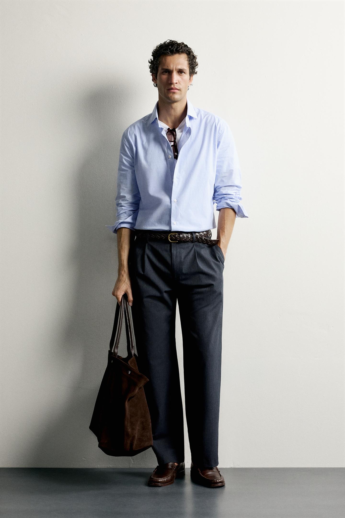 Мужская рубашка Zara Regular Fit Plaid, цвет: Синий / Белый — фото 1