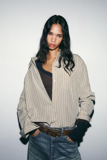 Zara REGULAR FIT PLAID SHIRT - Ecru / Brown