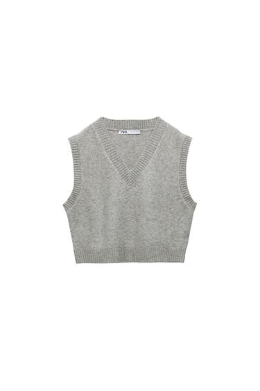 CROPPED KNIT VEST WITH RIBBED TRIMS