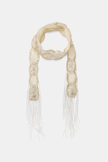 BEADED SEQUIN FOULARD SCARF - Ivory by Zara