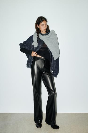 Zara FAUX LEATHER FLARE PANTS - Black
