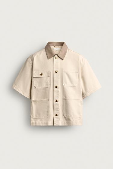 CONTRAST COLLAR SHORT SLEEVE OVERSHIRT - Ecru by Zara