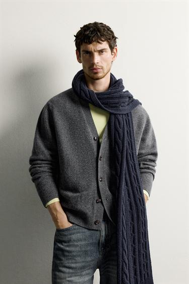 WOOL BLEND CABLE KNIT SCARF — Dark navy 2