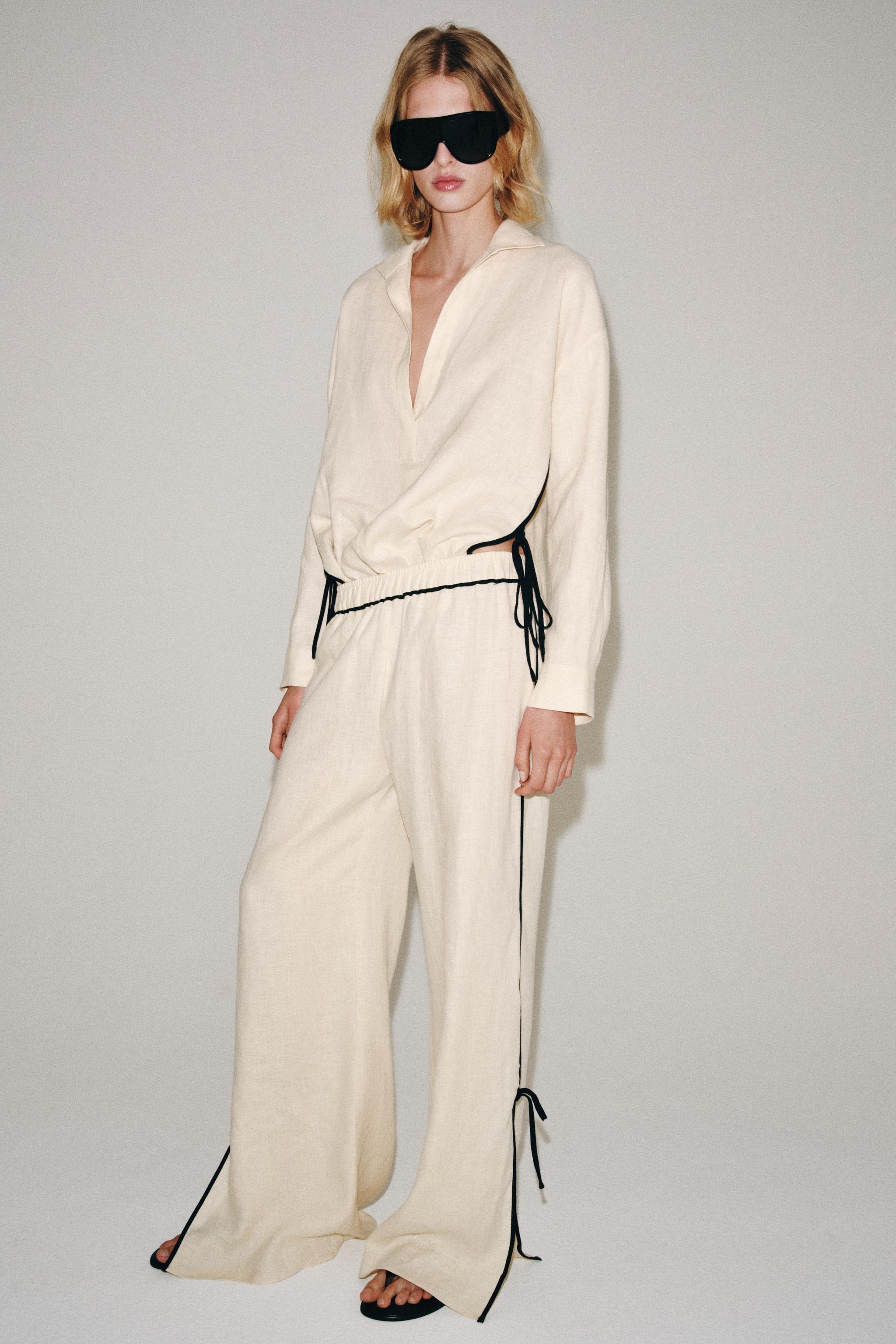 100% LINEN PIPING TROUSERS ZW COLLECTION — Beige
