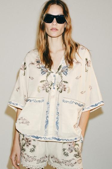 Zara ZW COLLECTION EMBROIDERED SHIRT - Ecru