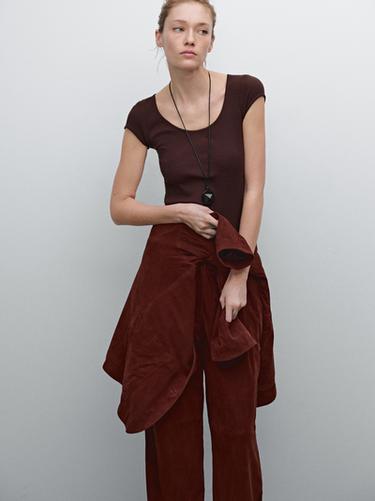 Zara Cotton T-shirt with lace trim detail - Brown