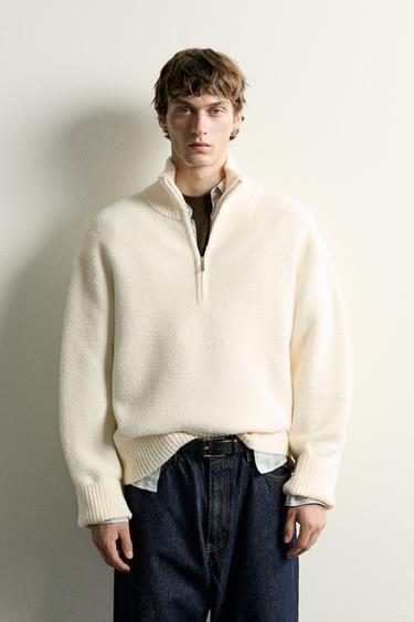 Zara QUARTER-ZIP KNIT JUMPER - Ecru