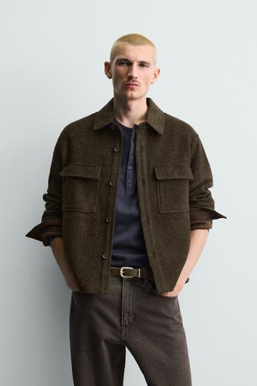 WOOL BLEND TEXTURED OVERSHIRT - Dark olive by Zara