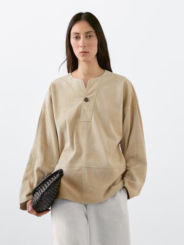 Zara Wide suede leather blouse - Stone