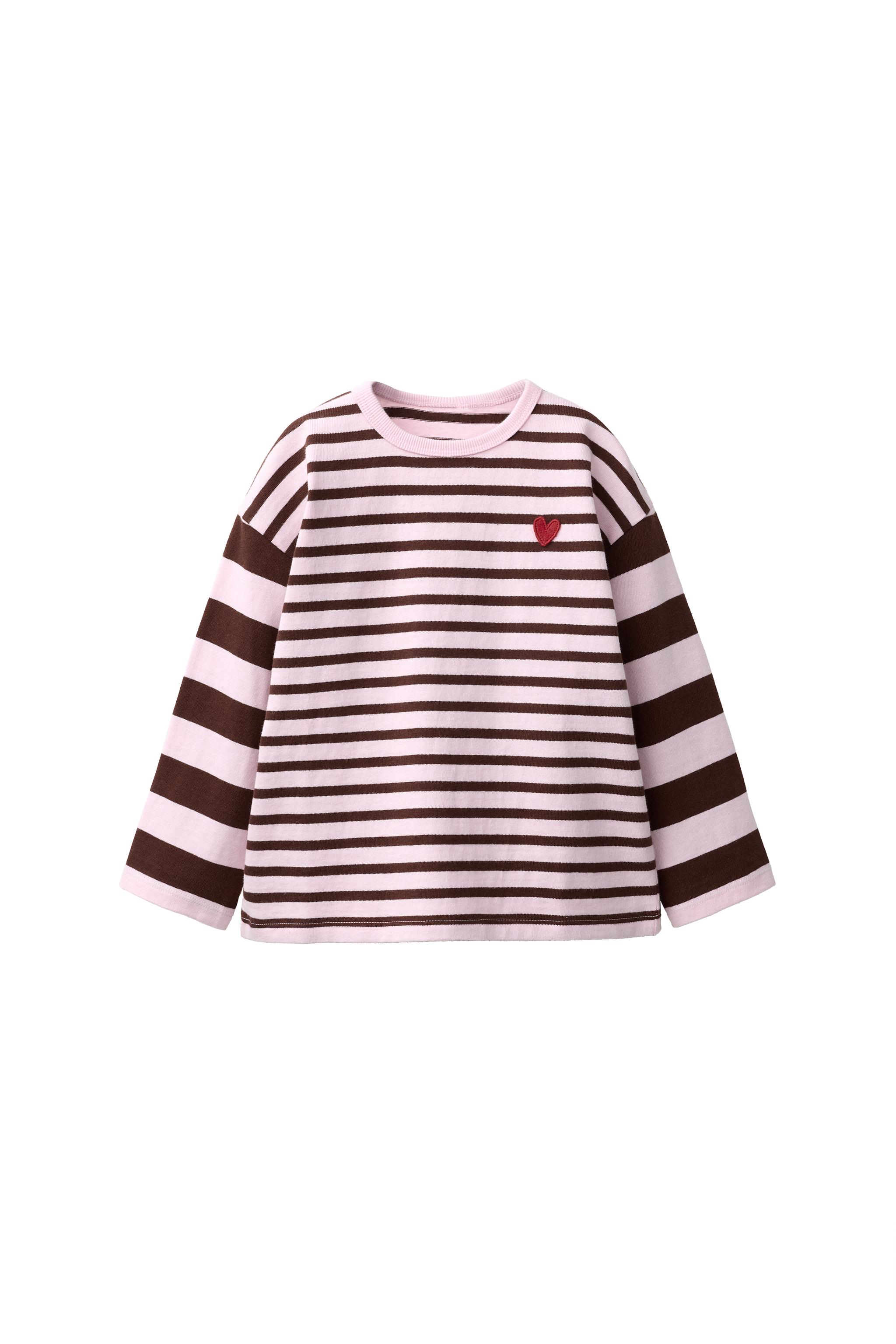 EMBROIDERED HEART STRIPED T-SHIRT — Chocolate